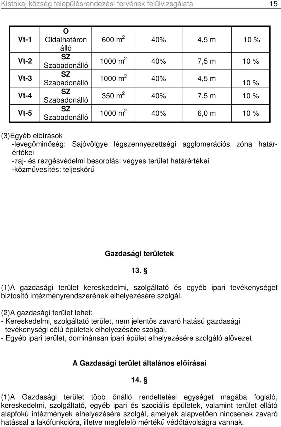 besorolás: vegyes terület határértékei -közművesítés: teljeskörű Gazdasági területek 13.