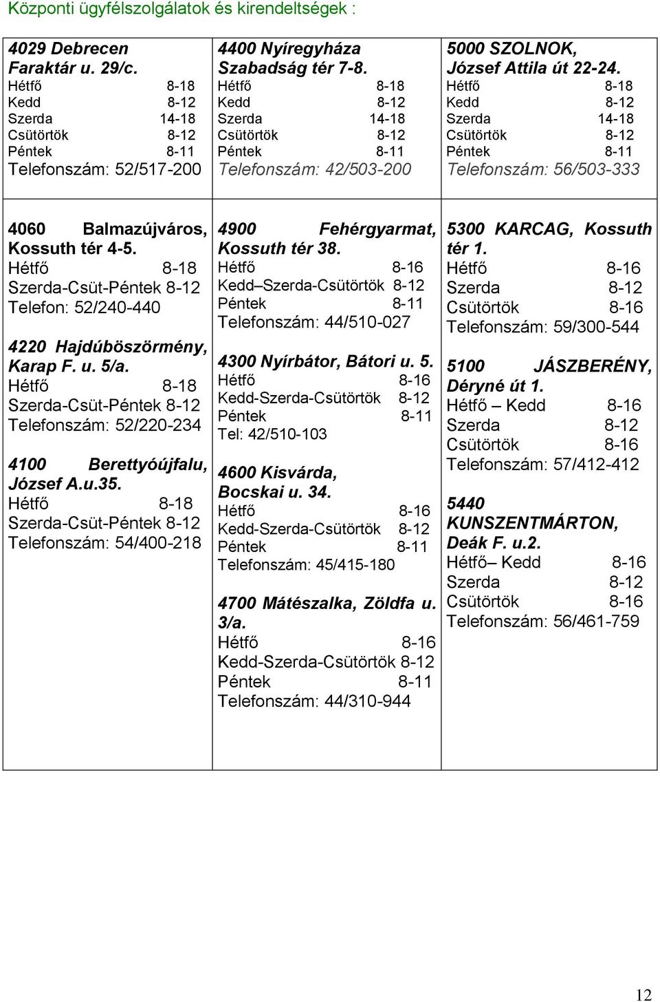 Hétfő 8-18 Kedd 8-12 Szerda 14-18 Csütörtök 8-12 Telefonszám: 56/503-333 4060 Balmazújváros, Kossuth tér 4-5. Hétfő 8-18 Szerda-Csüt-Péntek 8-12 Telefon: 52/240-440 4220 Hajdúböszörmény, Karap F. u.