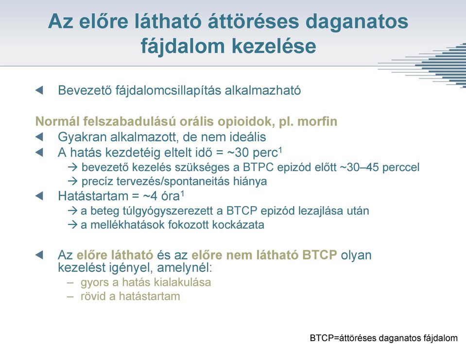 tervezés/spontaneitás hiánya Hatástartam = ~4 óra 1 a beteg túlgyógyszerezett a BTCP epizód lezajlása után a mellékhatások fokozott kockázata Az előre látható