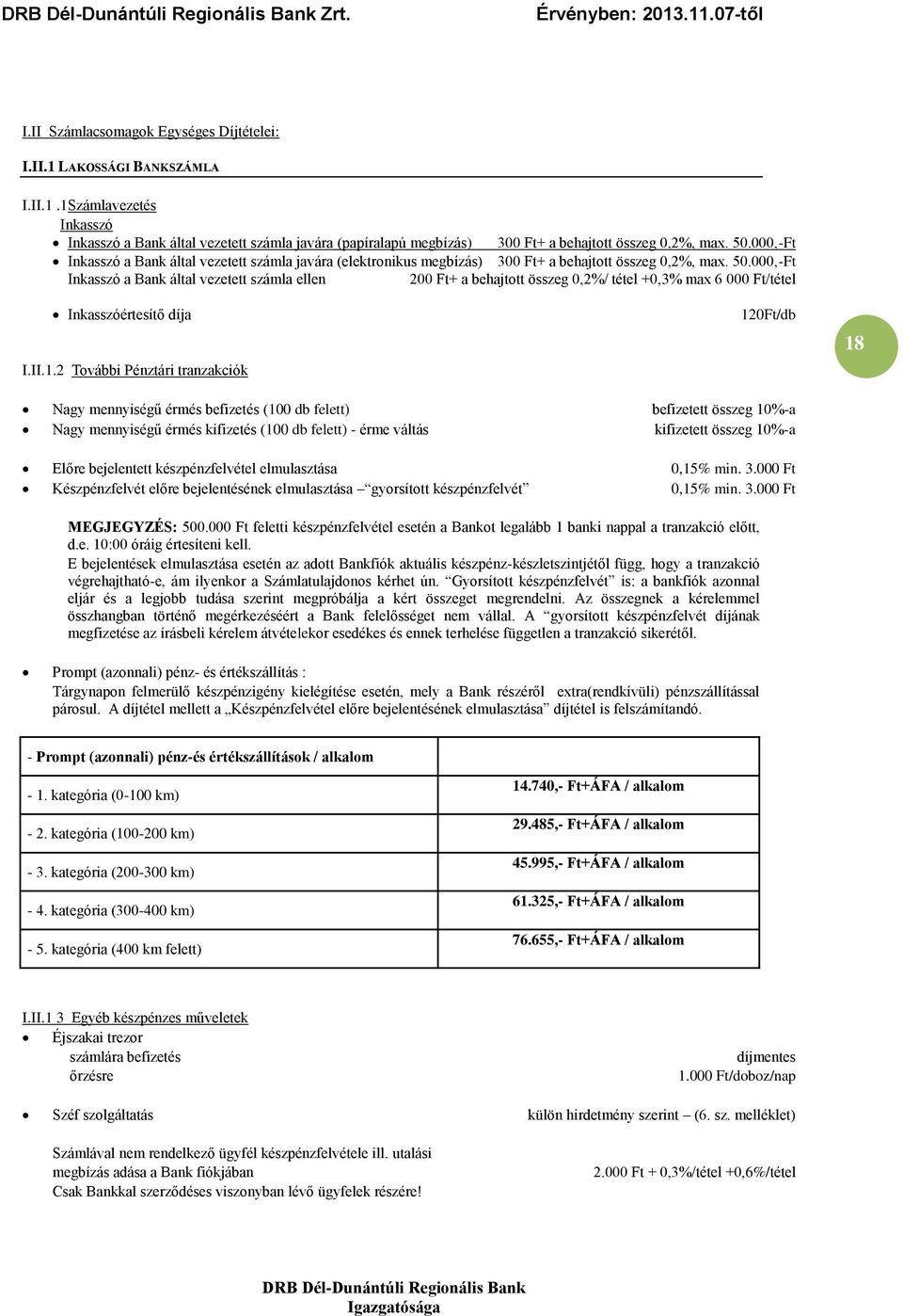 000,-Ft Inkasszó a Bank által vezetett számla ellen 200 Ft+ a behajtott összeg 0,2%/ tétel +0,3% max 6 000 Ft/tétel Inkasszóértesítő díja I.II.1.