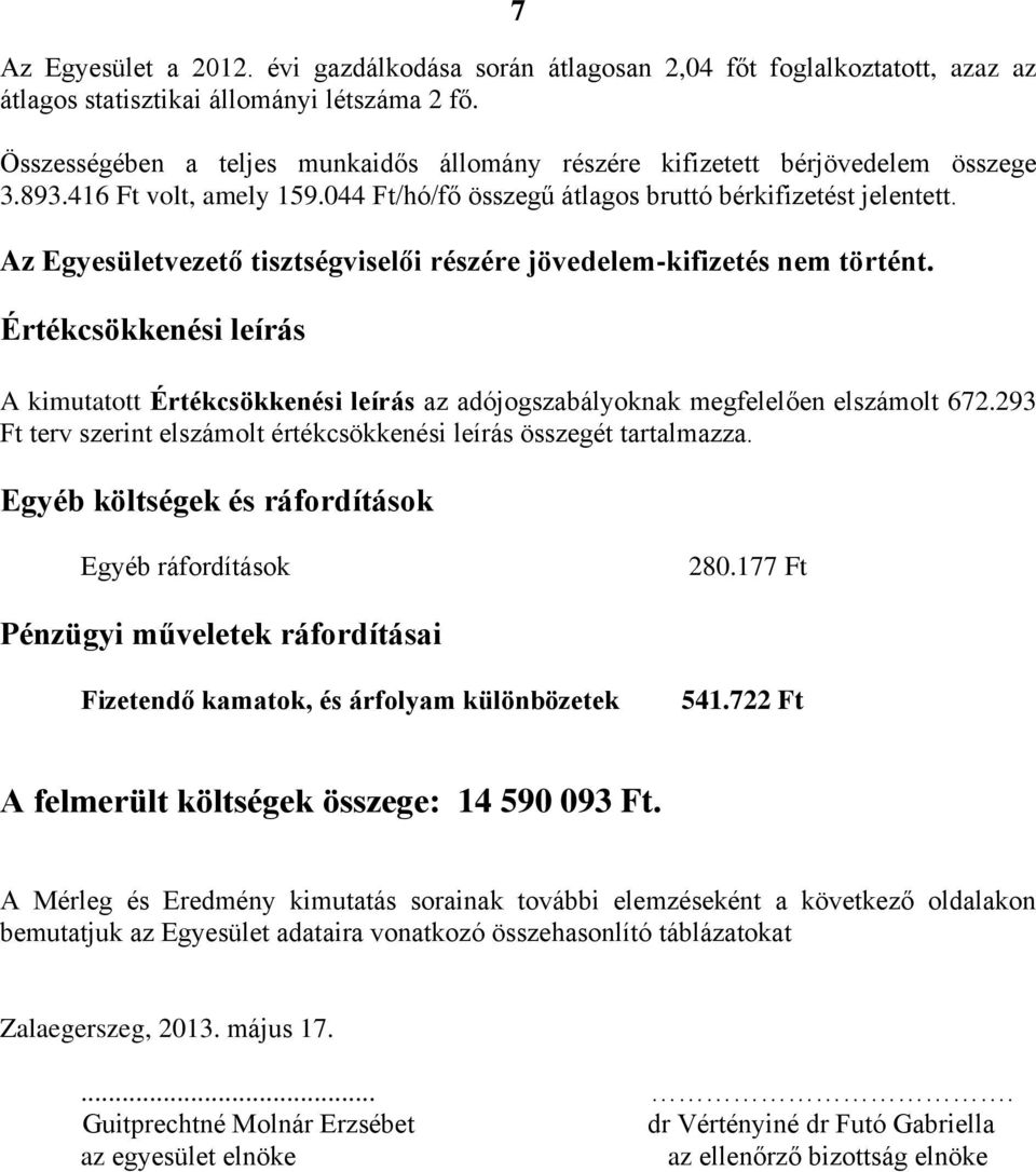 Az Egyesületvezető tisztségviselői részére jövedelem-kifizetés nem történt. Értékcsökkenési leírás A kimutatott Értékcsökkenési leírás az adójogszabályoknak megfelelően elszámolt 672.