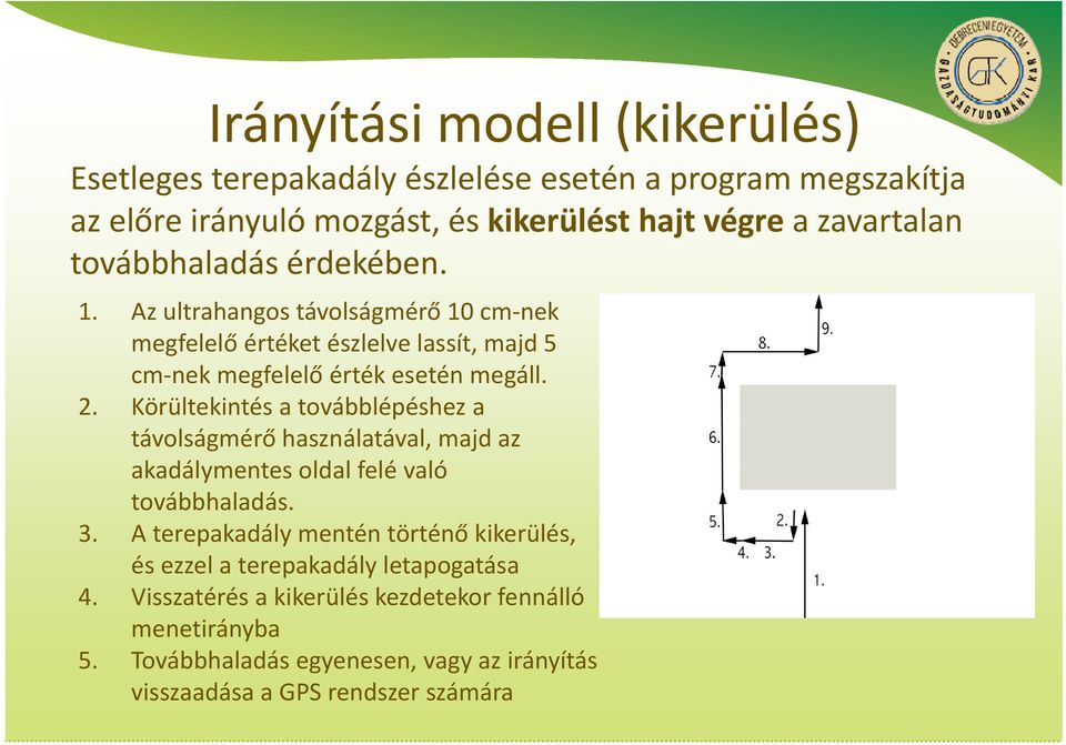 Körültekintés a továbblépéshez a távolságmérő használatával, majd az akadálymentes oldal felé való továbbhaladás. 3.