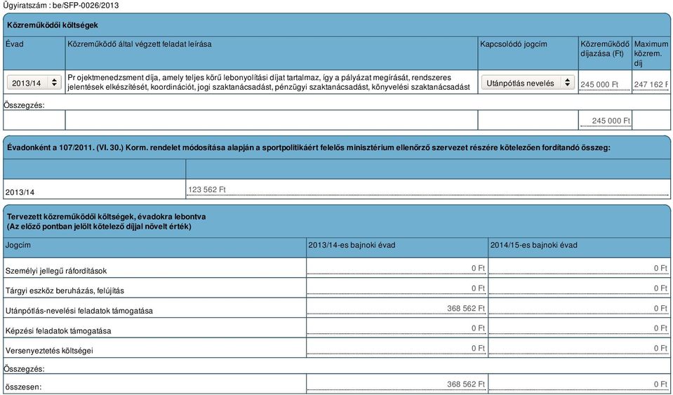 Ft Maximum közrem. díj Évadonként a 107/2011. (VI. 30.) Korm.