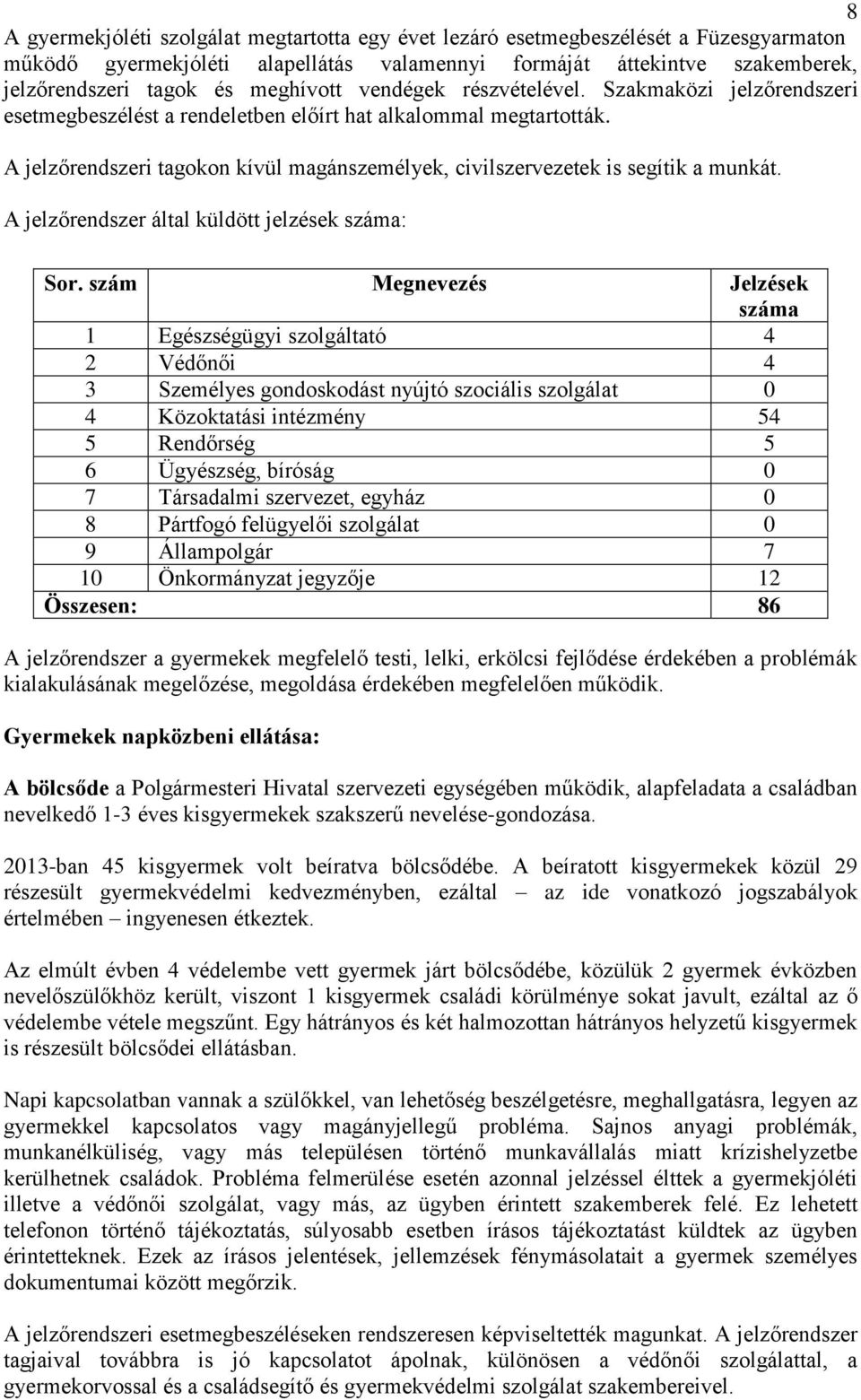 A jelzőrendszeri tagokon kívül magánszemélyek, civilszervezetek is segítik a munkát. A jelzőrendszer által küldött jelzések száma: Sor.