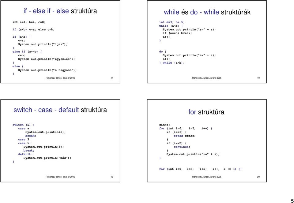 out.println( a= + a); if (a==3) break; a++; do { System.out.println( a= + a); a++; while (a<b); Rohonczy János: Java 2005 19 switch - case - default struktúra for struktúra switch (i) { case a: System.