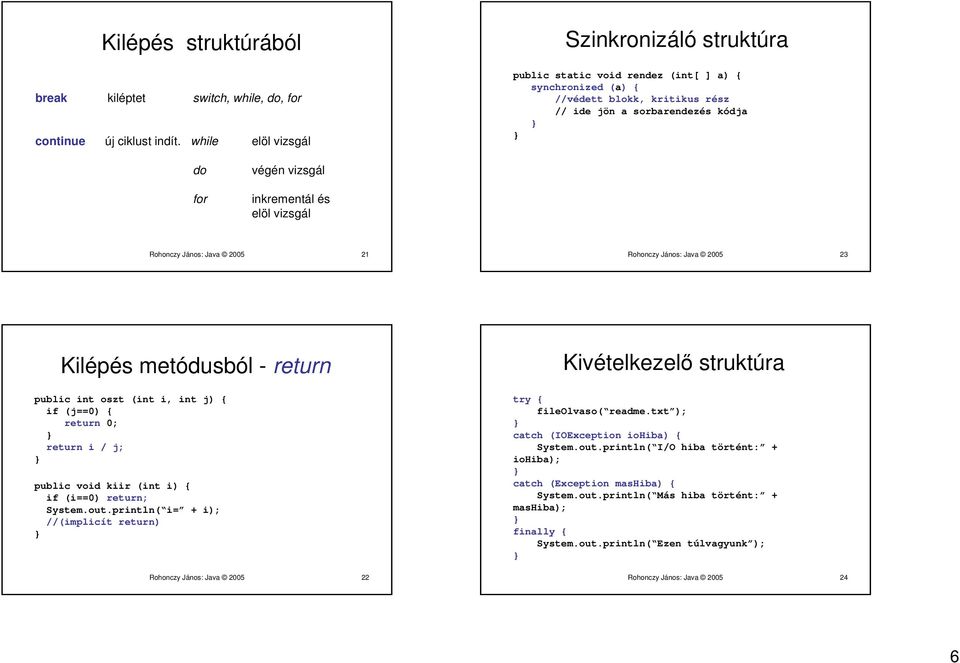 elöl vizsgál Rohonczy János: Java 2005 21 Rohonczy János: Java 2005 23 Kilépés metódusból - return public int oszt (int i, int j) { if (j==0) { return 0; return i / j; public void kiir (int i) { if