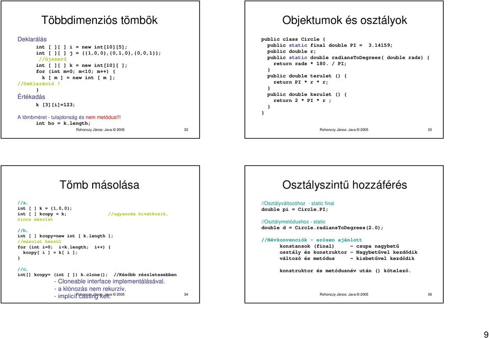 length; Rohonczy János: Java 2005 33 public class Circle { public static final double PI = 3.14159; public double r; public static double radianstodegrees( double rads) { return rads * 180.