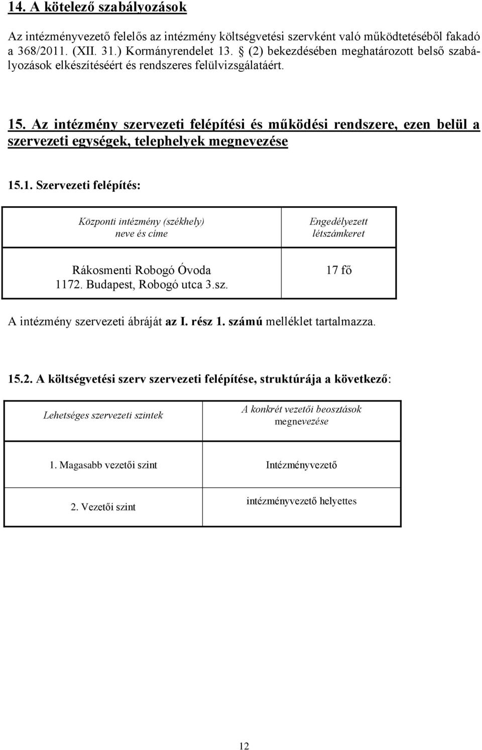 Az intézmény szervezeti felépítési és működési rendszere, ezen belül a szervezeti egységek, telephelyek megnevezése 15