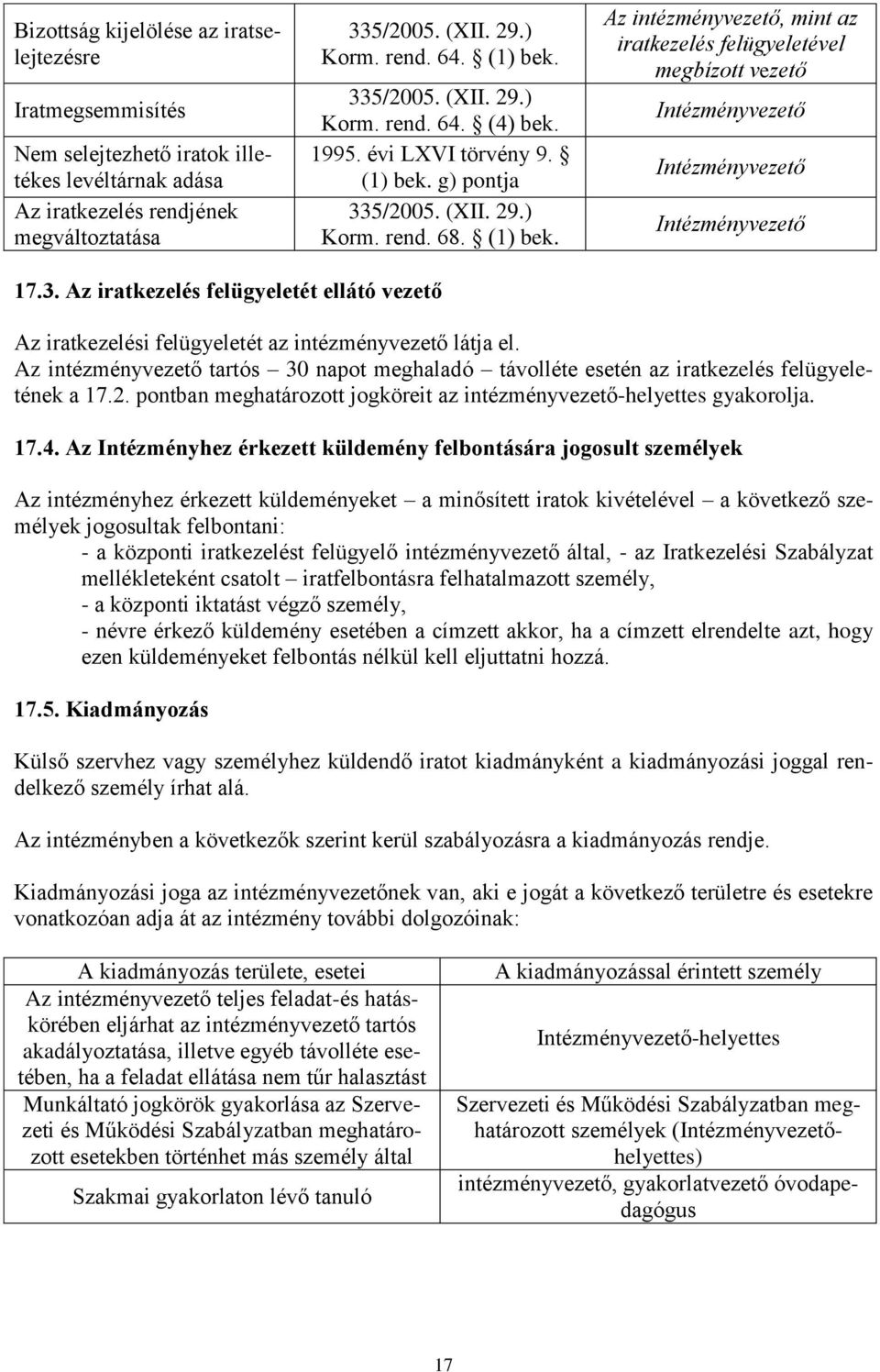 g) pontja 335/2005. (XII. 29.) Korm. rend. 68. (1) bek. Az intézményvezető, mint az iratkezelés felügyeletével megbízott vezető Intézményvezető Intézményvezető Intézményvezető 17.3. Az iratkezelés felügyeletét ellátó vezető Az iratkezelési felügyeletét az intézményvezető látja el.