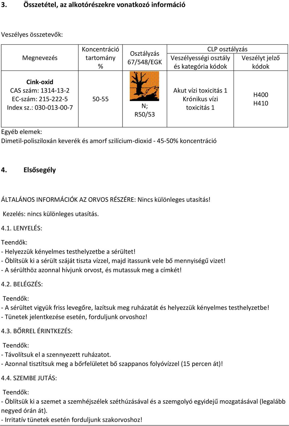 : 030-013-00-7 50-55 N; R50/53 Akut vízi toxicitás 1 Krónikus vízi toxicitás 1 H400 H410 Egyéb elemek: Dimetil-polisziloxán keverék és amorf szilícium-dioxid - 45-50% koncentráció 4.