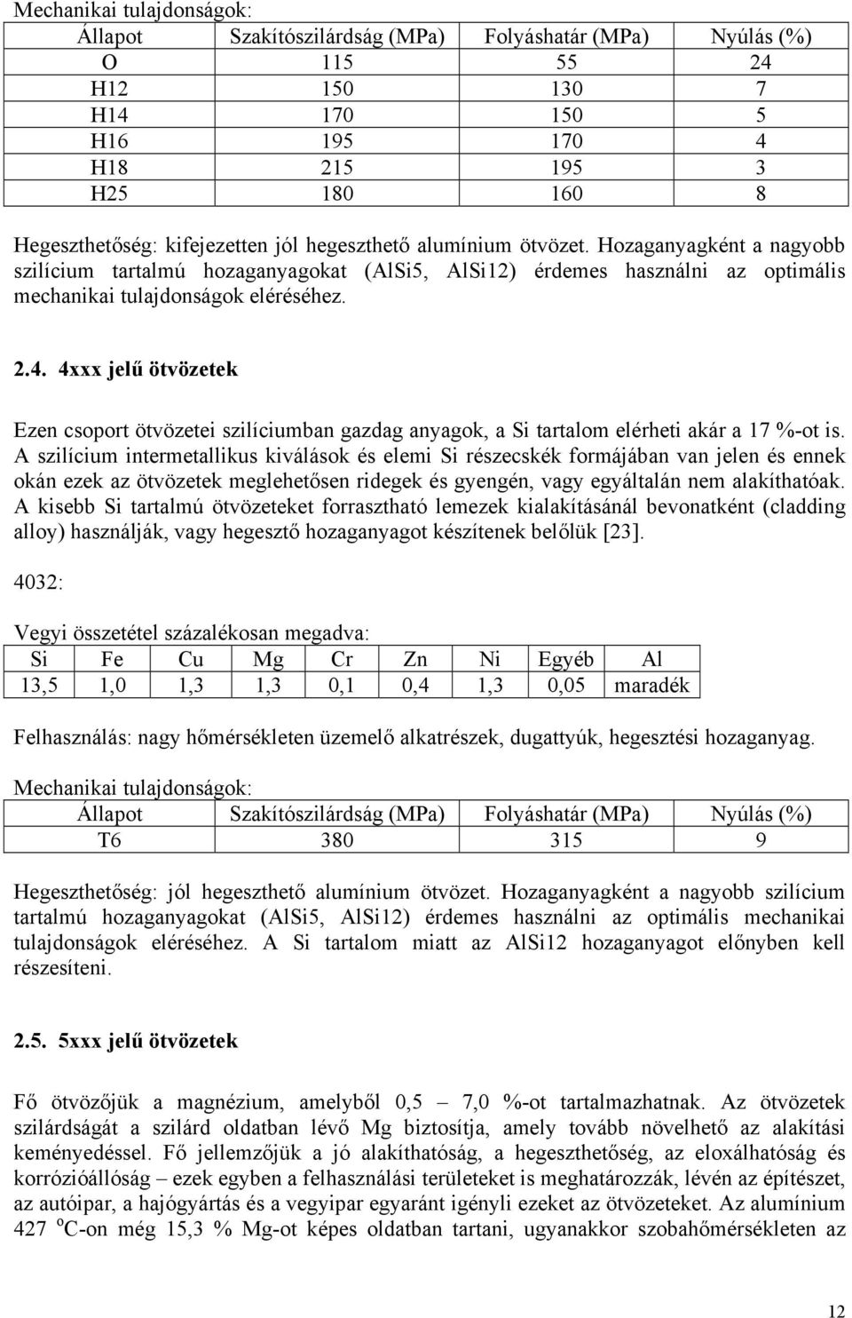 4xxx jelű ötvözetek Ezen csoport ötvözetei szilíciumban gazdag anyagok, a Si tartalom elérheti akár a 17 %-ot is.