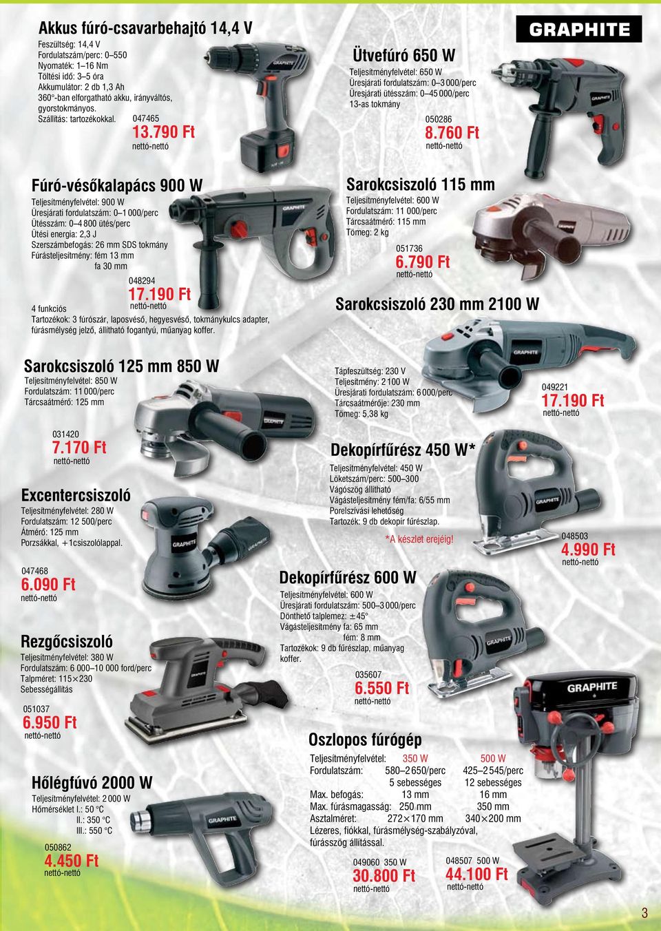 760 Ft GRAPHITE Fúró-vésőkalapács 900 W Teljesítményfelvétel: 900 W Üresjárati fordulatszám: 0 1 000/perc Ütésszám: 0 4 800 ütés/perc Ütési energia: 2,3 J Szerszámbefogás: 26 mm SDS tokmány