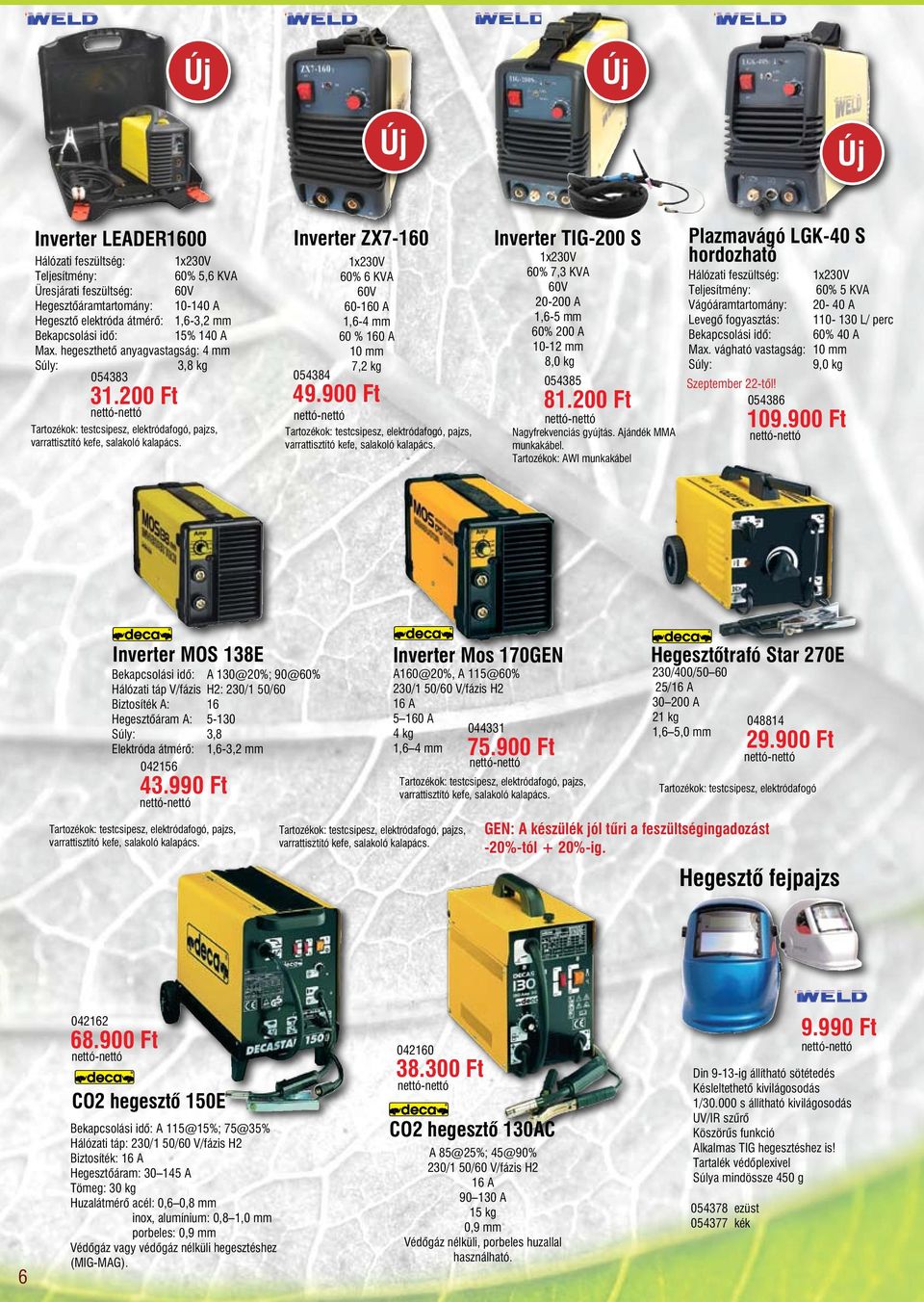 Inverter ZX7-160 1x230V 60% 6 KVA 60V 60-160 A 1,6-4 mm 60 % 160 A 10 mm 7,2 kg 054384 49.900 Ft Tartozékok: testcsipesz, elektródafogó, pajzs, varrattisztító kefe, salakoló kalapács.
