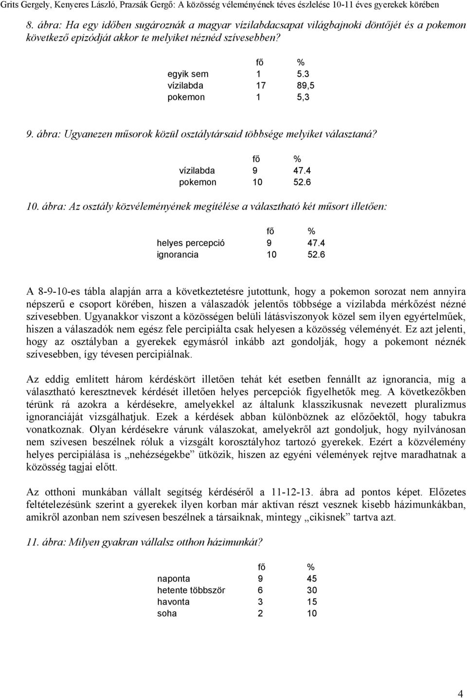 ábra: Az osztály közvéleményének megítélése a választható két műsort illetően: helyes percepció 9 47.4 ignorancia 10 52.