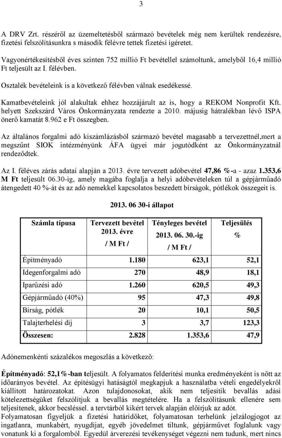 Kamatbevételeink jól alakultak ehhez hozzájárult az is, hogy a REKOM Nonprofit Kft. helyett Szekszárd Város Önkormányzata rendezte a 2010. májusig hátralékban lévő ISPA önerő kamatát 8.