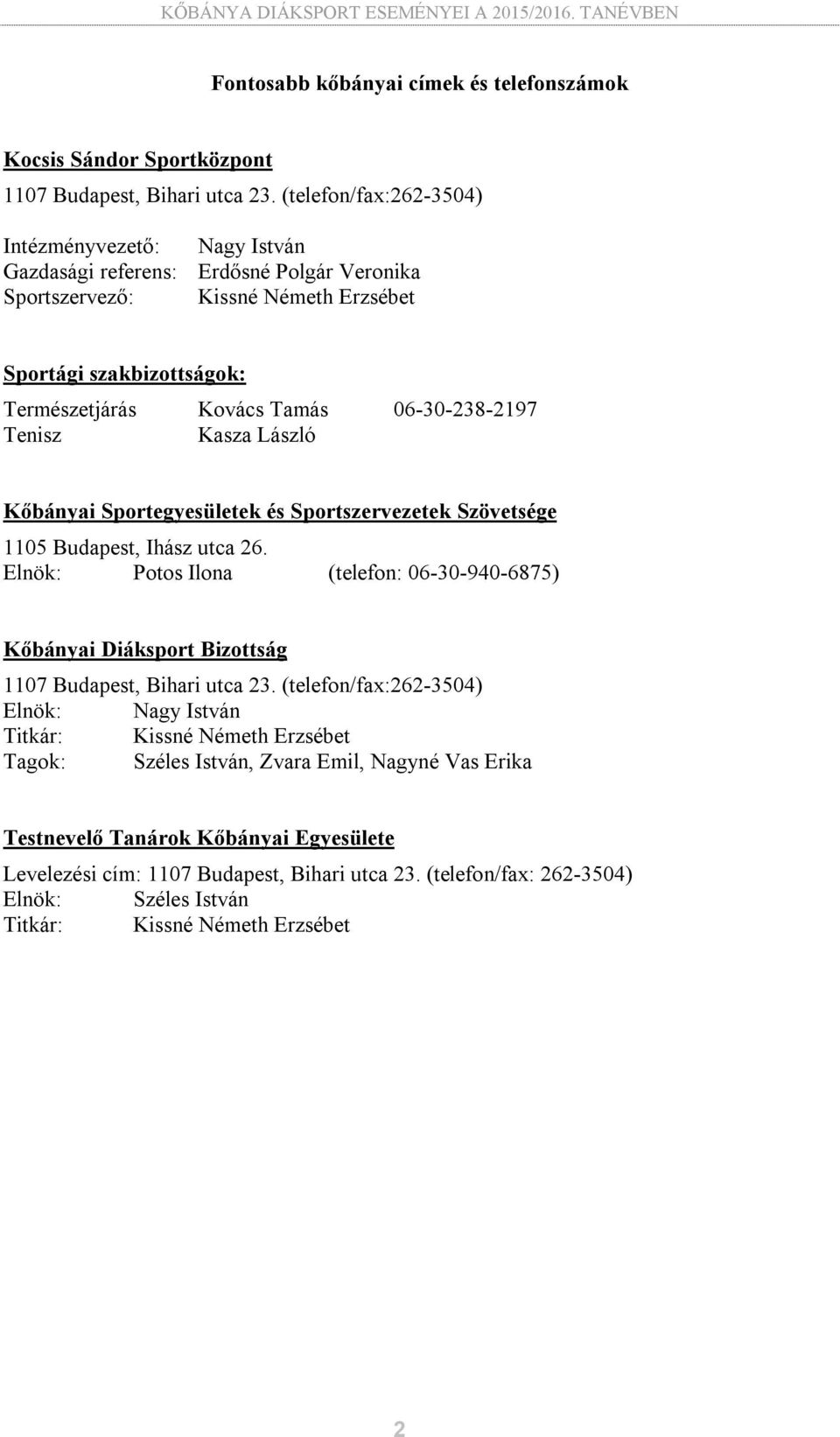 06-30-238-2197 Tenisz Kasza László Kőbányai Sportegyesületek és Sportszervezetek Szövetsége 1105 Budapest, Ihász utca 26.