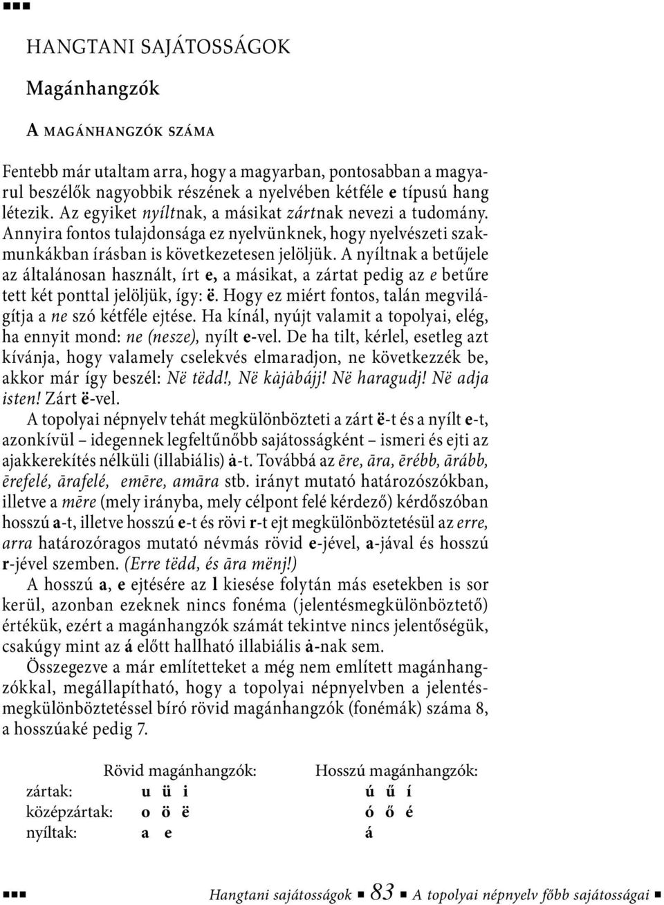 A nyíltnak a betűjele az általánosan használt, írt e, a másikat, a zártat pedig az e betűre tett két ponttal jelöljük, így: ë. Hogy ez miért fontos, talán megvilágítja a ne szó kétféle ejtése.