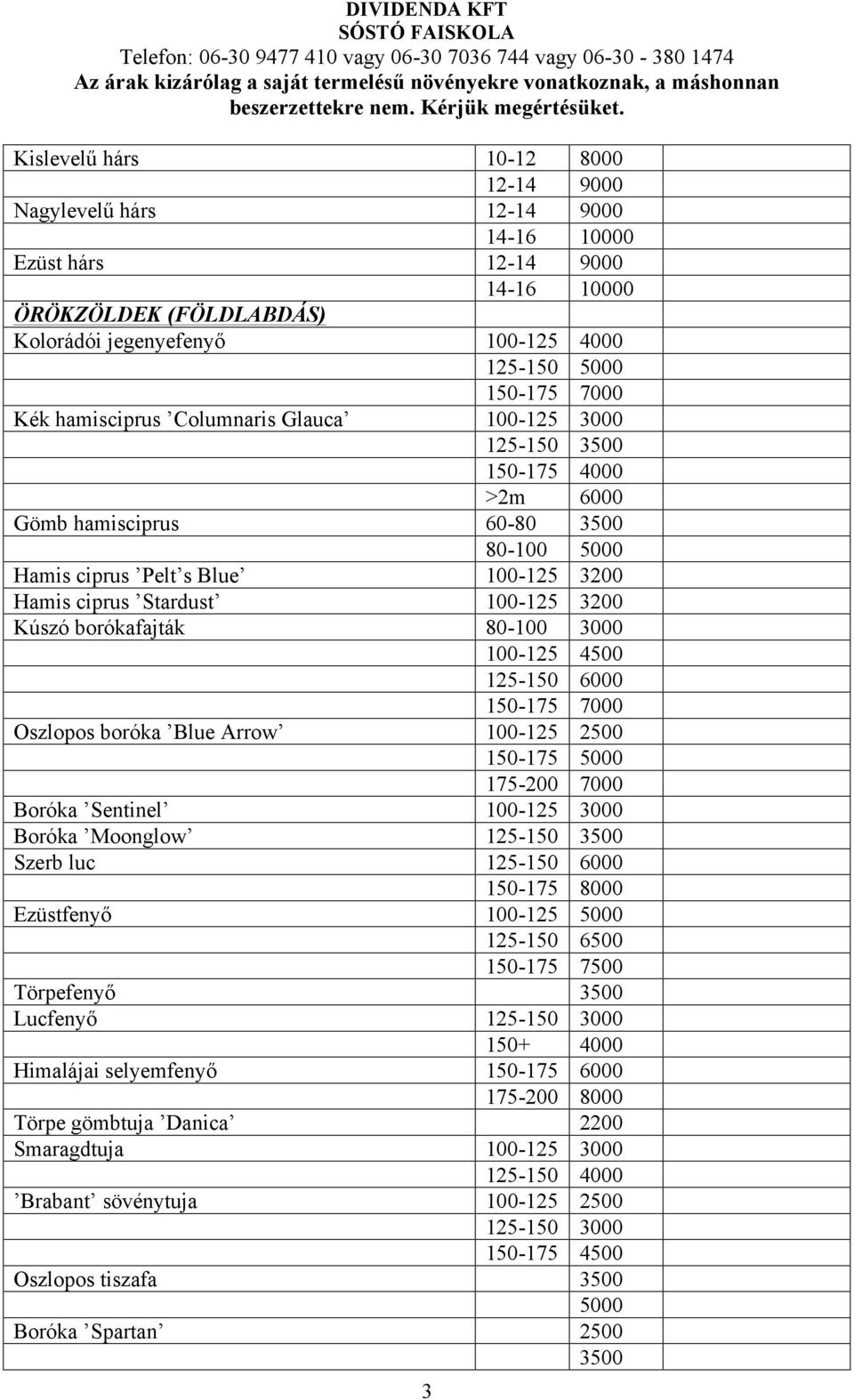 borókafajták 80-100 3000 100-125 4500 125-150 6000 150-175 7000 Oszlopos boróka Blue Arrow 100-125 2500 150-175 5000 175-200 7000 Boróka Sentinel 100-125 3000 Boróka Moonglow 125-150 3500 Szerb luc