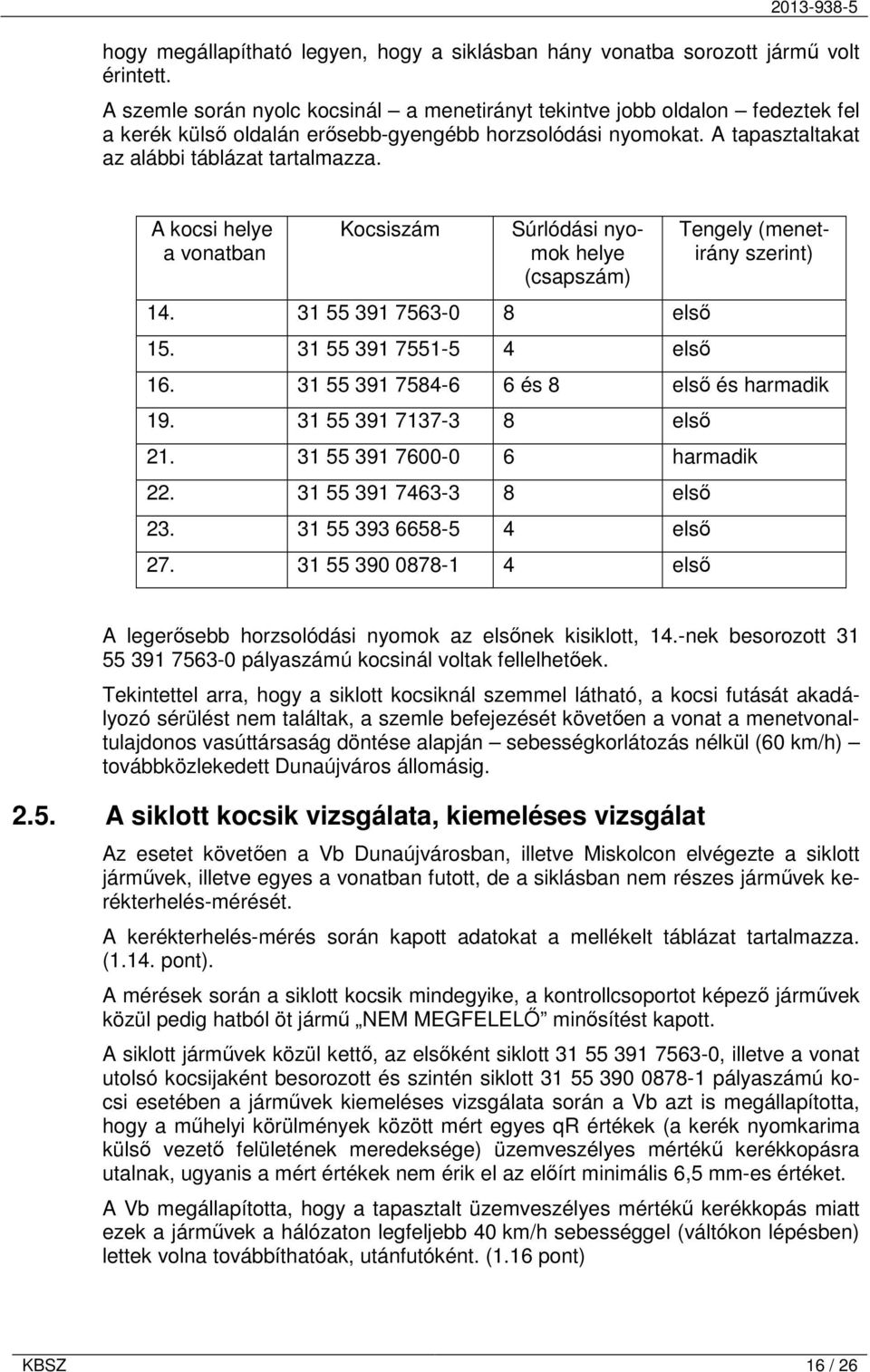 A kocsi helye a vonatban Kocsiszám Súrlódási nyomok helye (csapszám) 14. 31 55 391 7563-0 8 első 15. 31 55 391 7551-5 4 első Tengely (menetirány szerint) 16.