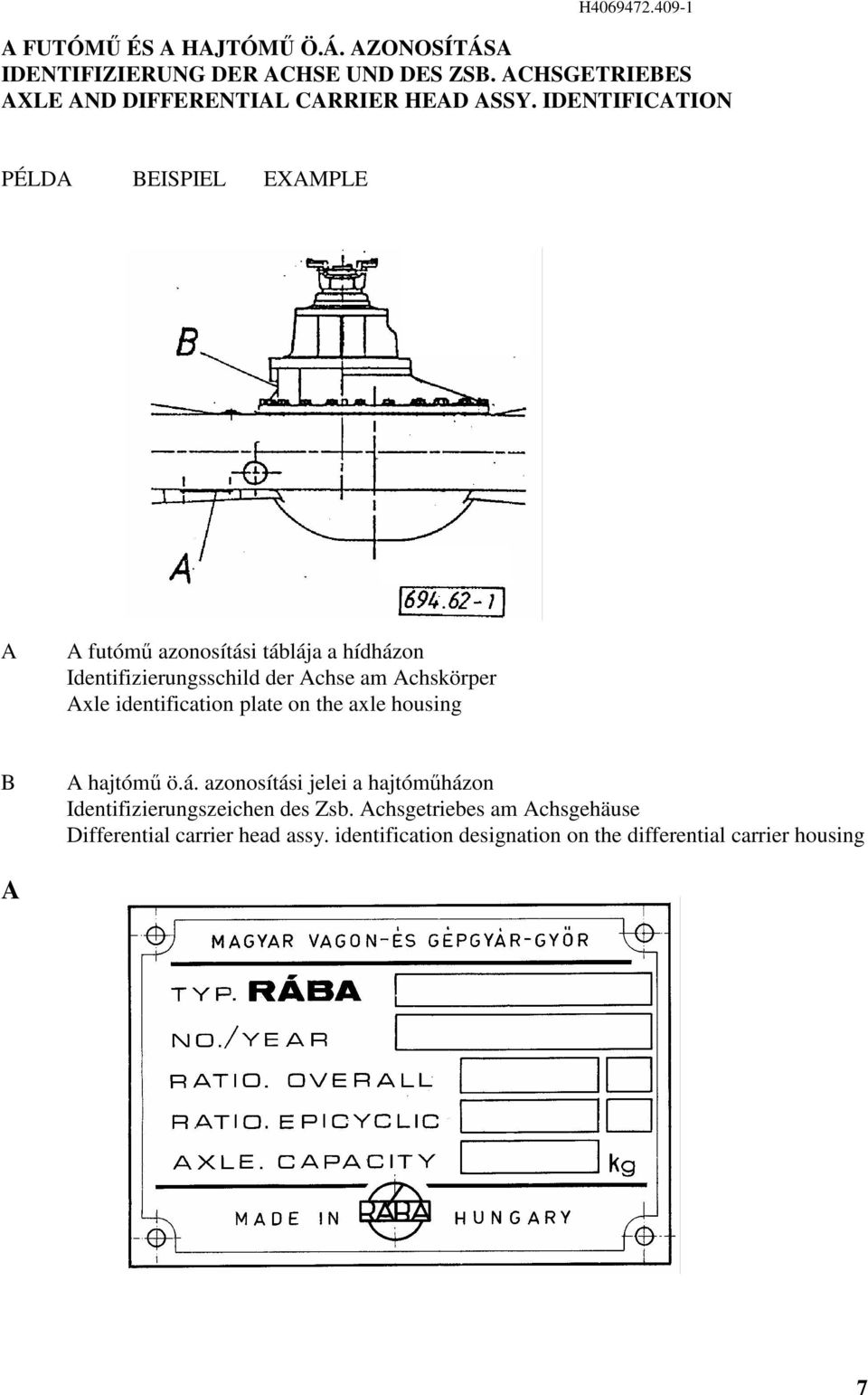 IDENTIFICATION PÉLDA BEISPIEL EXAMPLE A A futóm azonosítási táblája a hídházon Identifizierungsschild der Achse am Achskörper Axle