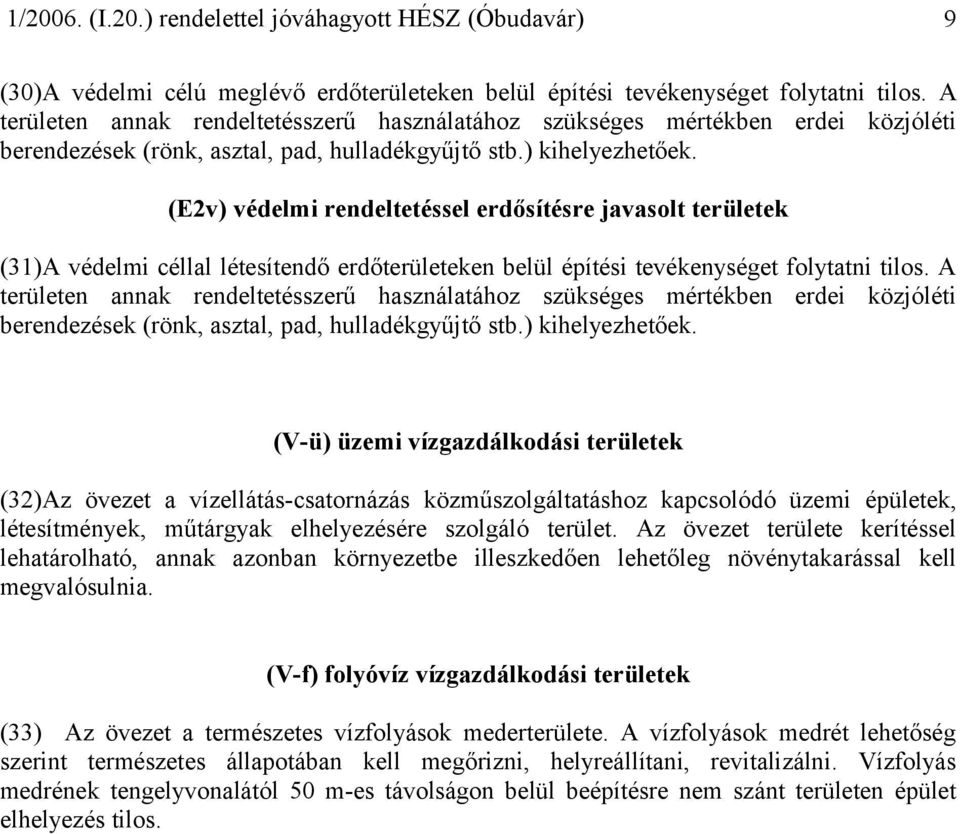 (E2v) védelmi rendeltetéssel erdősítésre javasolt területek (31)A védelmi céllal létesítendő erdőterületeken belül építési tevékenységet folytatni tilos.