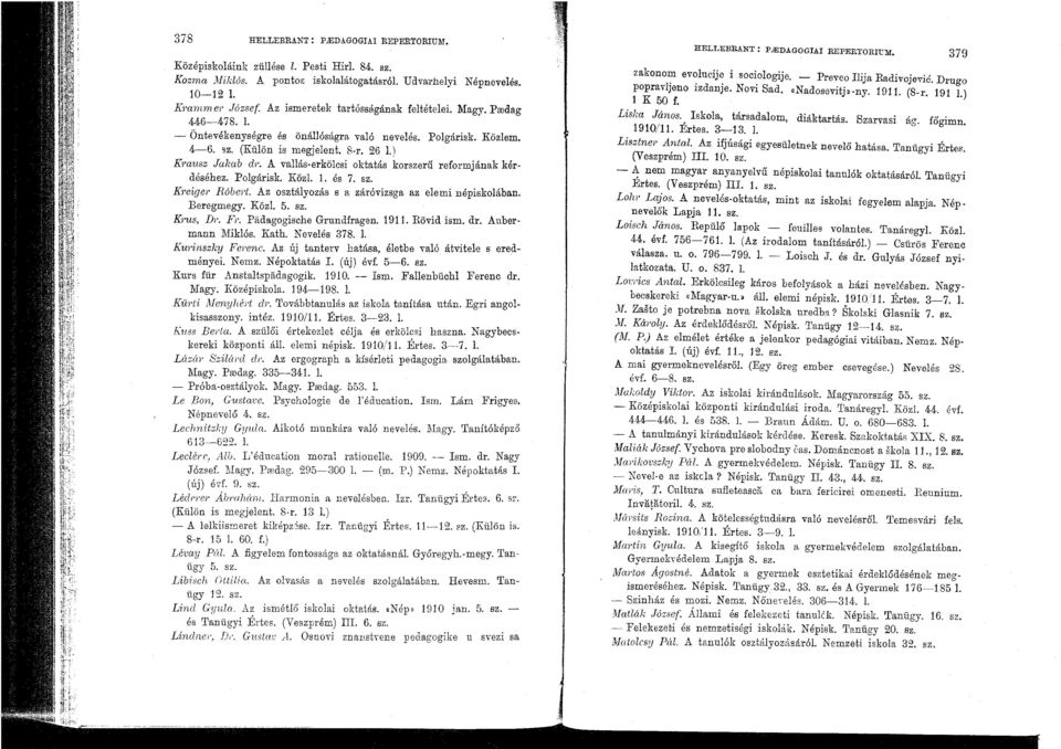 ) Krausz Jakab dr. A vallás-erkölcsi oktatás korszerű reformjának kérdéséhez. Polgárisk. Közi. 1. és 7. sz. Kreiger Róbert. Az osztályozás s a záróvizsga az elemi népiskolában. Beregmegy. Közi. 5. sz. Krus, Dr.