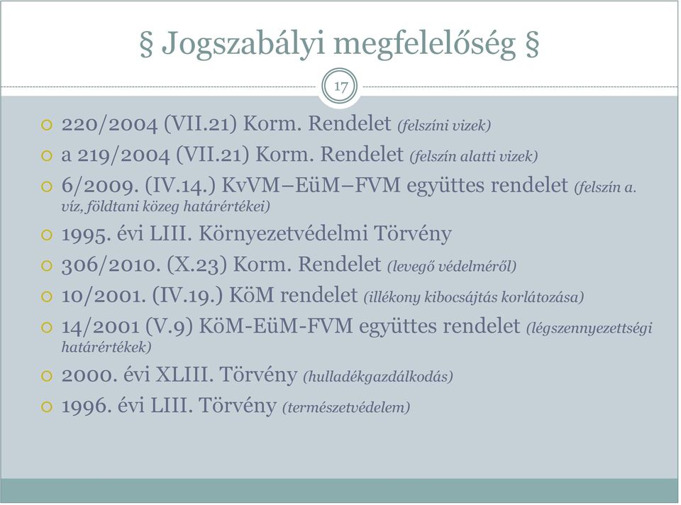 (X.23) Korm. Rendelet (levegő védelméről) 10/2001. (IV.19.) KöM rendelet (illékony kibocsájtás korlátozása) 14/2001 (V.