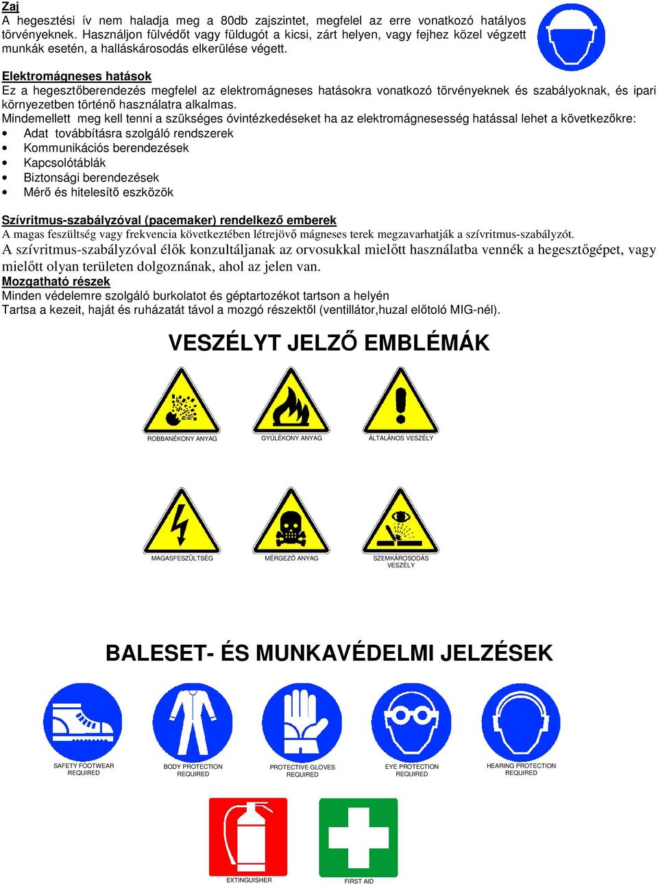 Elektromágneses hatások Ez a hegesztıberendezés megfelel az elektromágneses hatásokra vonatkozó törvényeknek és szabályoknak, és ipari környezetben történı használatra alkalmas.