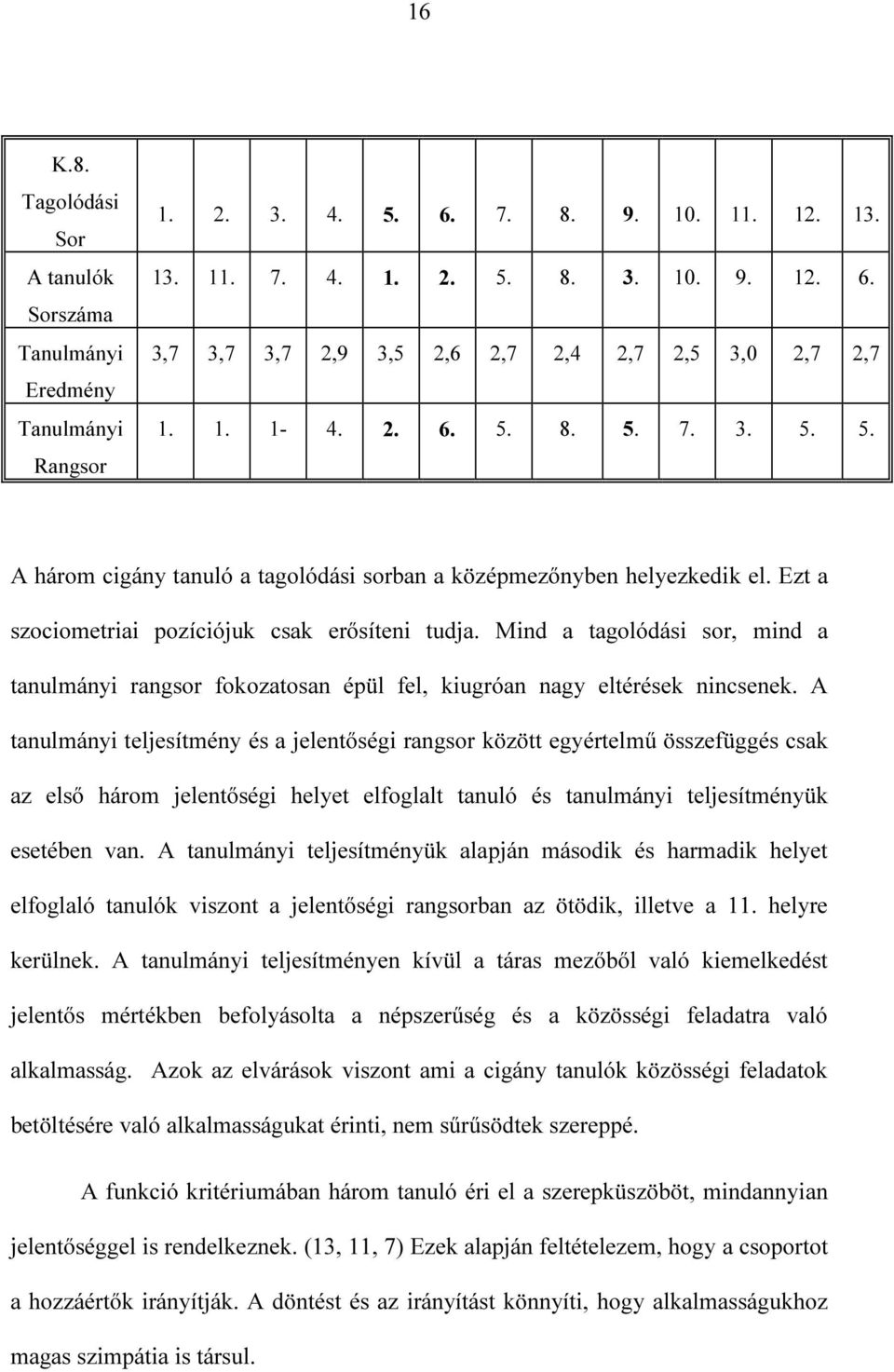 Mind a tagolódási sor, mind a tanulmányi rangsor fokozatosan épül fel, kiugróan nagy eltérések nincsenek.