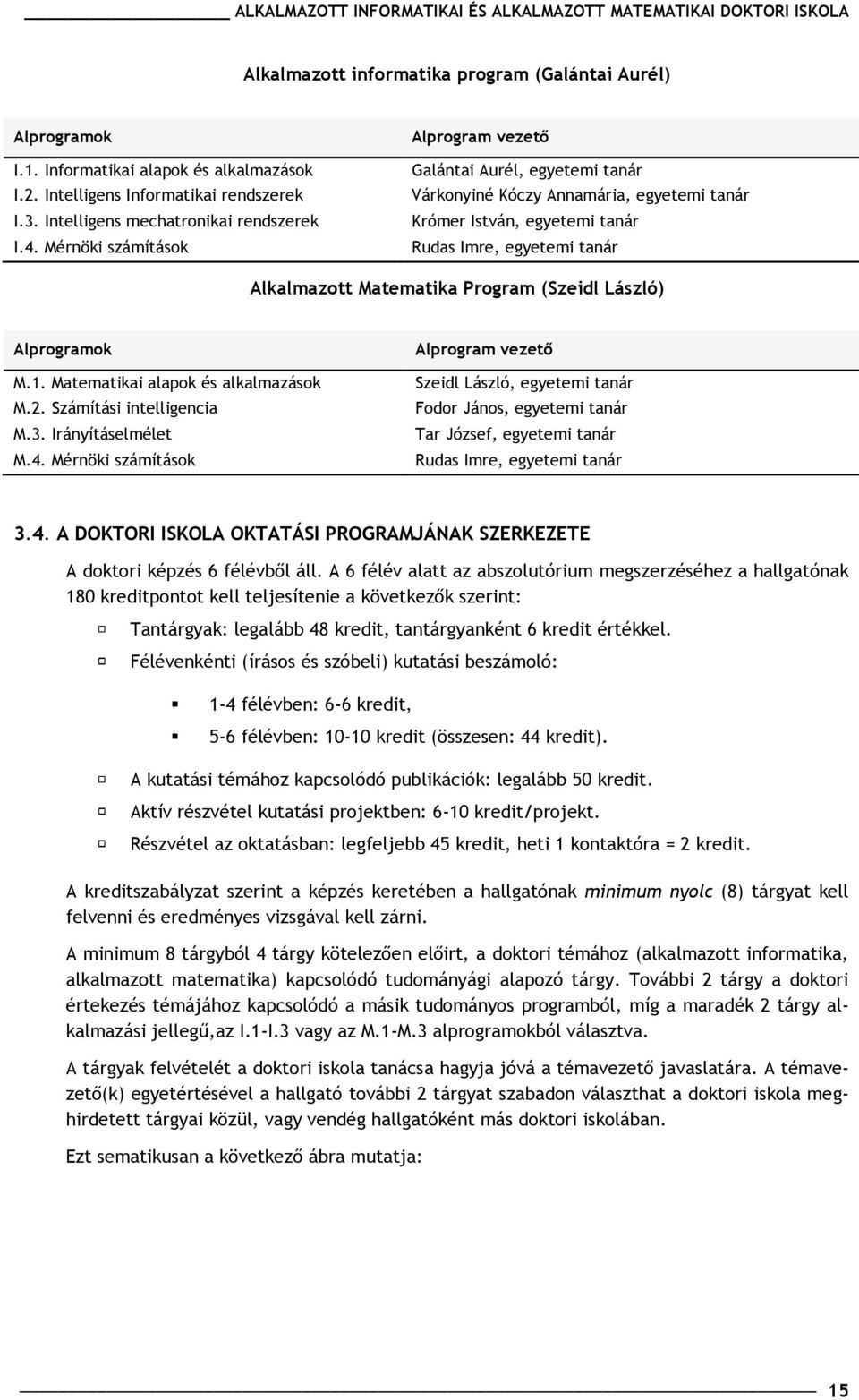 (Szeidl László) Alprogramok M.1. Matematikai alapok és alkalmazások M.2. Számítási intelligencia M.3. Irányításelmélet M.4.