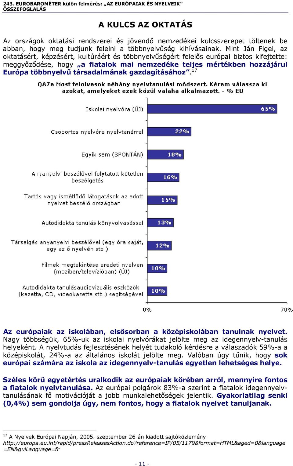 társadalmának gazdagításához. 17 Az európaiak az iskolában, elsősorban a középiskolában tanulnak nyelvet. Nagy többségük, 65%-uk az iskolai nyelvórákat jelölte meg az idegennyelv-tanulás helyeként.