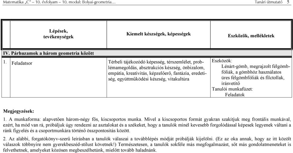 Eszközök: Lénárt-gömb, megrajzolt félgömbfóliák, a gömbhöz használatos üres félgömbfóliák és filctollak, írásvetítő Tanulói munkafüzet: Feladatok Megjegyzések: 1.