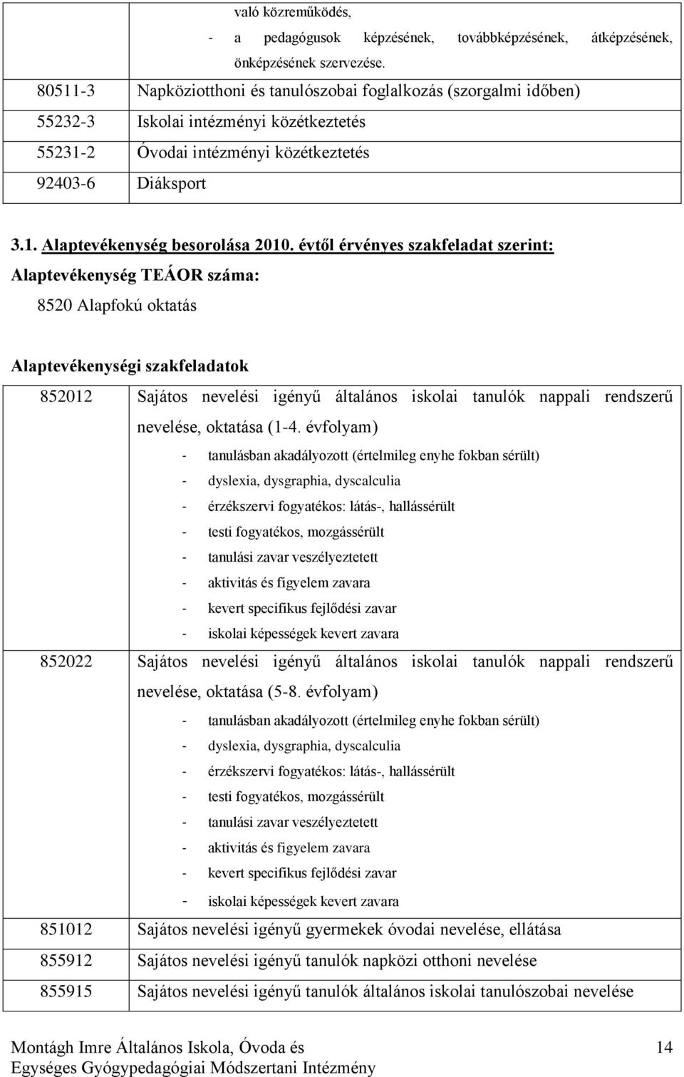 évtől érvényes szakfeladat szerint: Alaptevékenység TEÁOR száma: 8520 Alapfokú oktatás Alaptevékenységi szakfeladatok 852012 Sajátos nevelési igényű általános iskolai tanulók nappali rendszerű