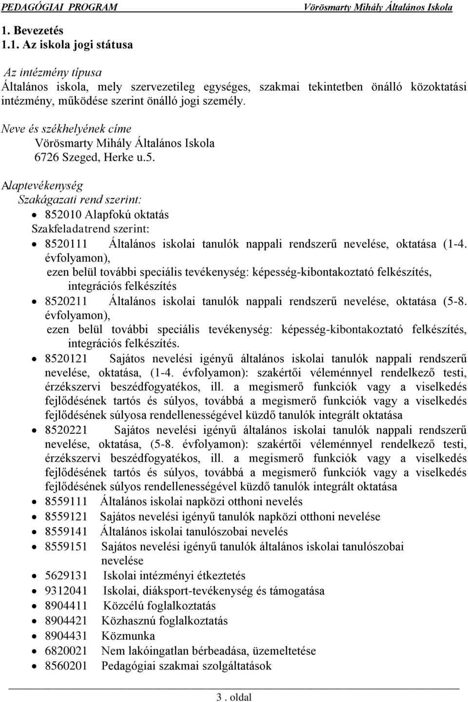 Alaptevékenység Szakágazati rend szerint: 852010 Alapfokú oktatás Szakfeladatrend szerint: 8520111 Általános iskolai tanulók nappali rendszerű nevelése, oktatása (1-4.