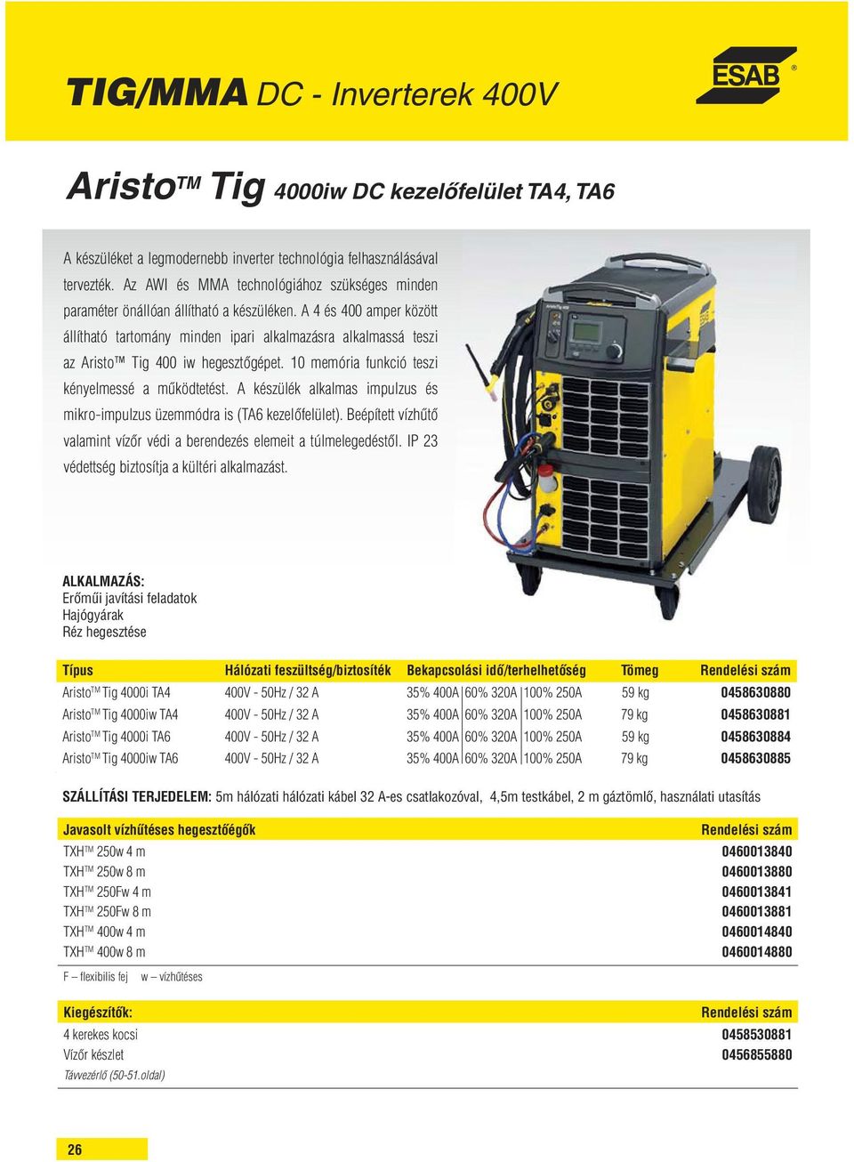 A 4 és 400 amper között állítható tartomány minden ipari alkalmazásra alkalmassá teszi az Aristo Tig 400 iw hegesztőgépet. 10 memória funkció teszi kényelmessé a működtetést.