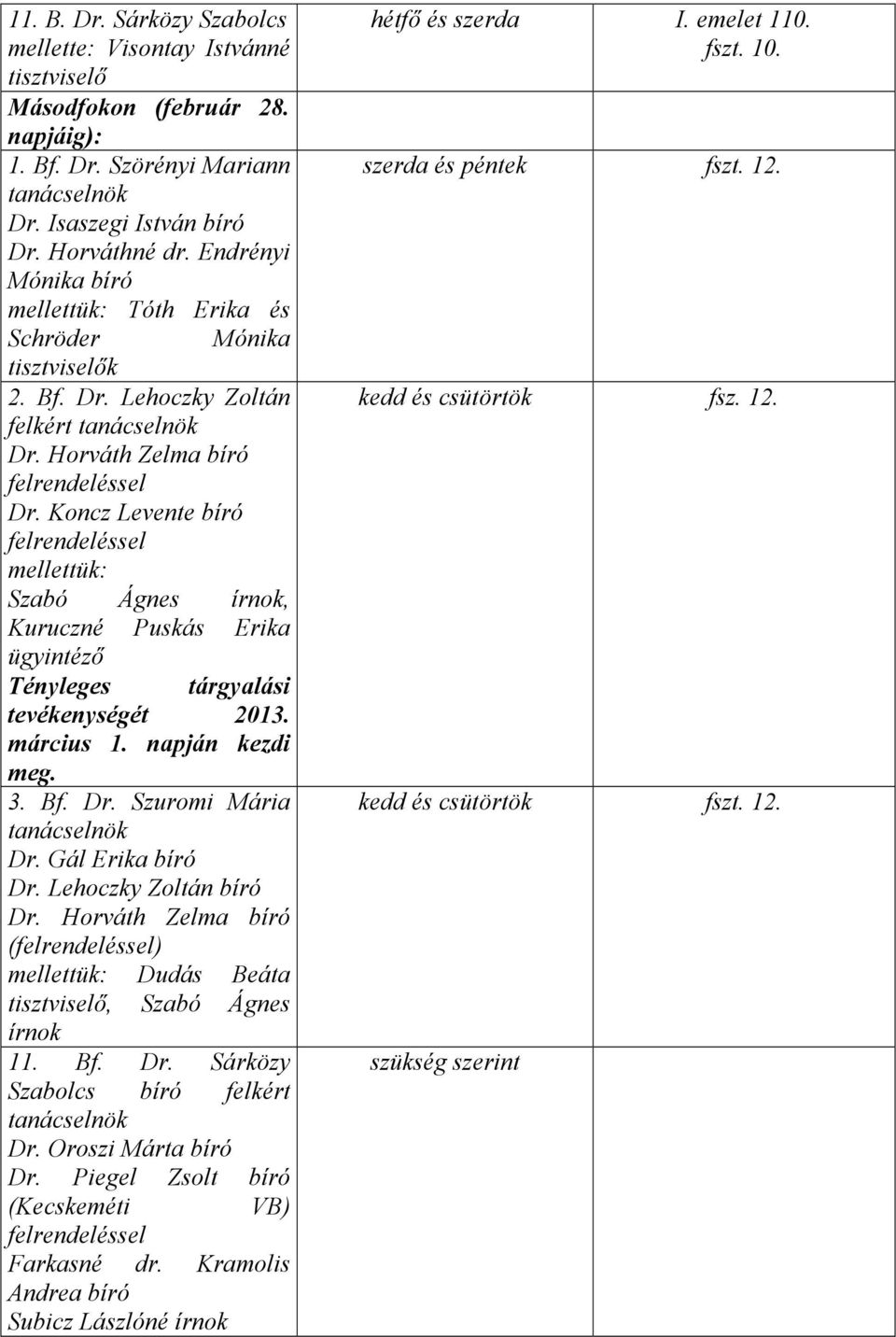 Koncz Levente mellettük: Szabó Ágnes írnok, Kuruczné Puskás Erika ügyintéző Tényleges tárgyalási tevékenységét 2013. március 1. napján kezdi meg. 3. Bf. Dr. Szuromi Mária Dr. Gál Erika Dr.