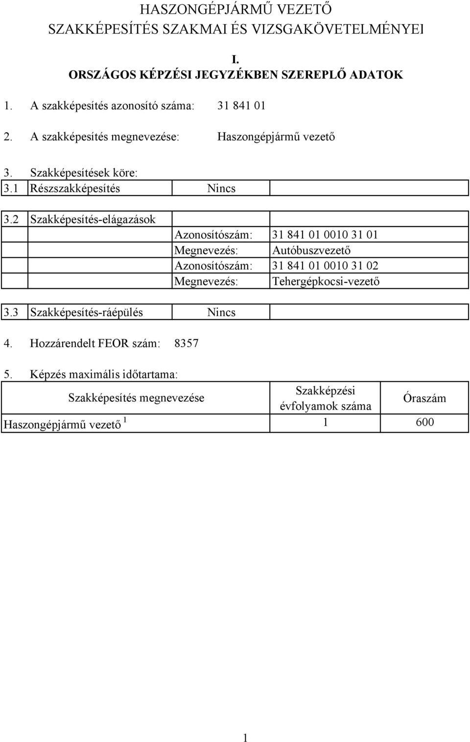 2 Szakképesítéselágazások 3.3 Szakképesítésráépülés 4.