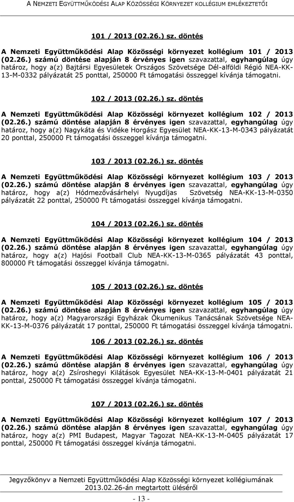 (02.26.) sz. döntés A Nemzeti Együttműködési Alap Közösségi környezet kollégium 102 / 2013 határoz, hogy a(z) Nagykáta és Vidéke Horgász Egyesület NEA-KK-13-M-0343 pályázatát 20 103 / 2013 (02.26.) sz. döntés A Nemzeti Együttműködési Alap Közösségi környezet kollégium 103 / 2013 határoz, hogy a(z) Hódmezővásárhelyi Nyugdíjas Szövetség NEA-KK-13-M-0350 pályázatát 22 104 / 2013 (02.