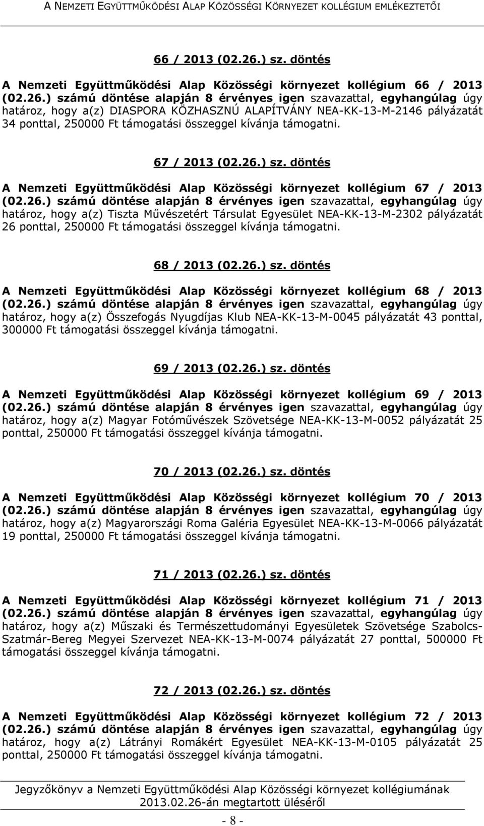 döntés A Nemzeti Együttműködési Alap Közösségi környezet kollégium 67 / 2013 határoz, hogy a(z) Tiszta Művészetért Társulat Egyesület NEA-KK-13-M-2302 pályázatát 26 68 / 2013 (02.26.) sz.