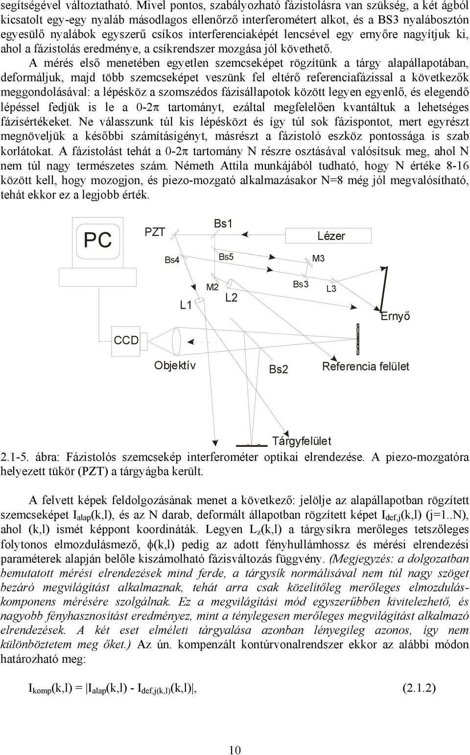 interferenciaképét lencsével egy ernyőre nagyítjuk ki, ahol a fázistolás eredménye, a csíkrendszer mozgása jól követhető.