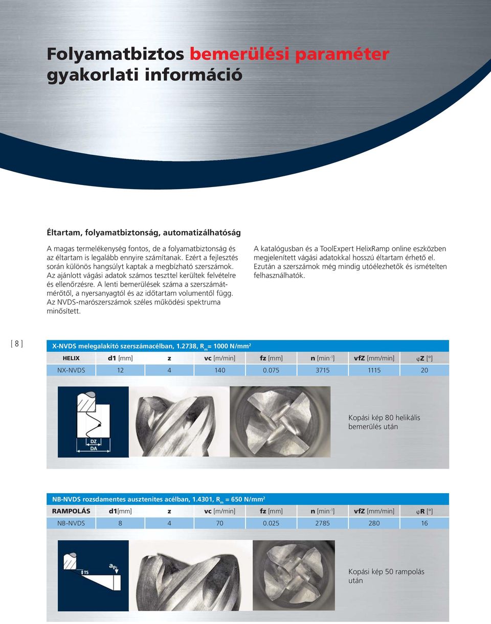 A lenti bemerülések száma a szerszámátmérőtől, a nyersanyagtól és az időtartam volumentől függ. Az NVDS-marószerszámok széles működési spektruma minősített.