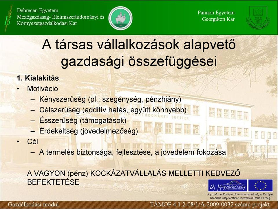 : szegénység, pénzhiány) Célszerűség (additív hatás, együtt könnyebb) Ésszerűség