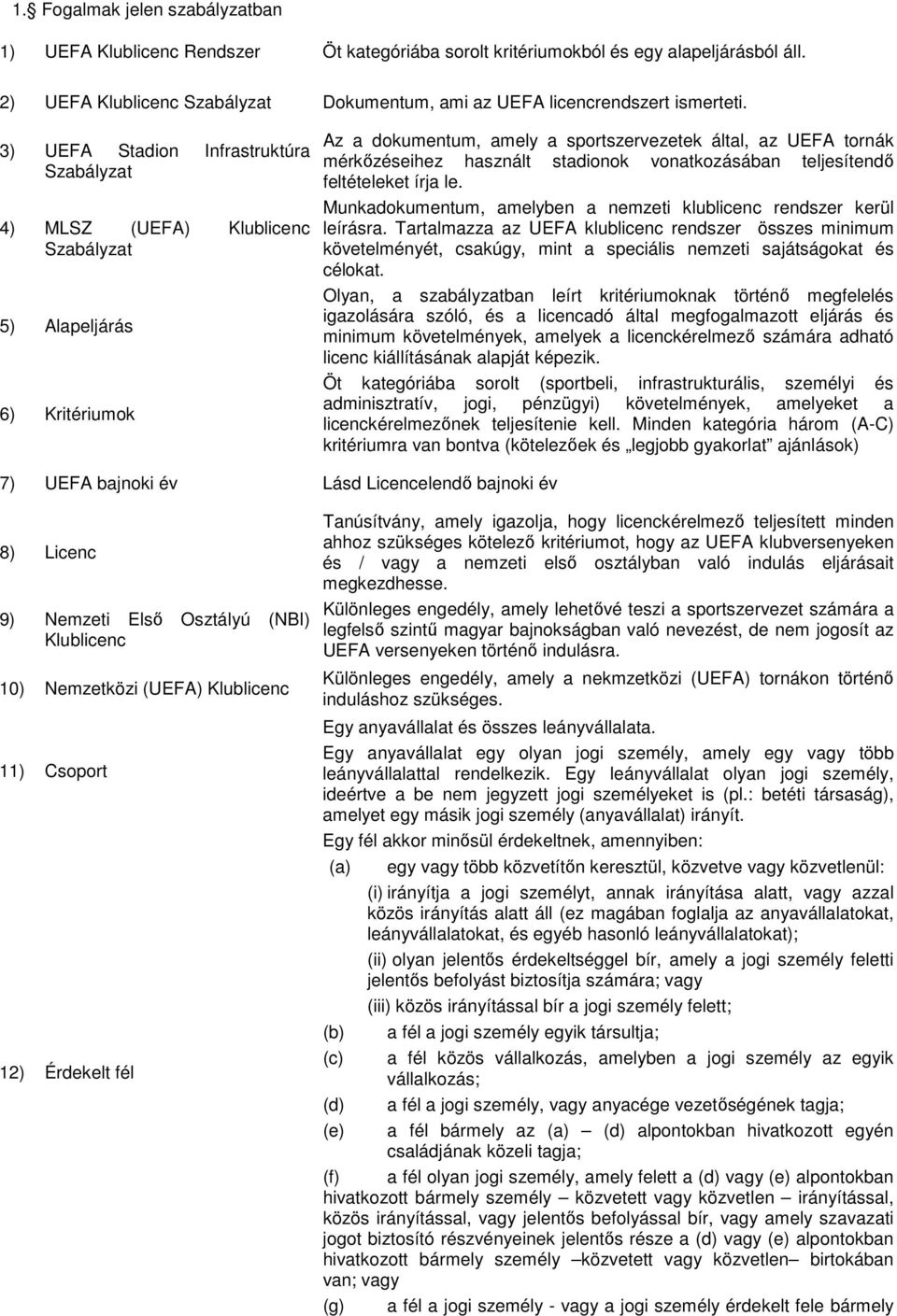 3) UEFA Stadion Infrastruktúra Szabályzat 4) MLSZ (UEFA) Klublicenc Szabályzat 5) Alapeljárás 6) Kritériumok Az a dokumentum, amely a sportszervezetek által, az UEFA tornák mérkızéseihez használt