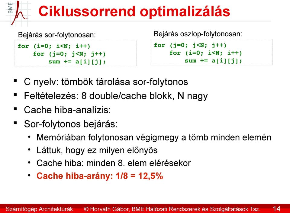 for (j=0; j<n; j++) for (i=0; i<n; i++) sum += a[i][j]; C nyelv: tömbök tárolása sor-folytonos Feltételezés: 8 double/cache blokk, N nagy