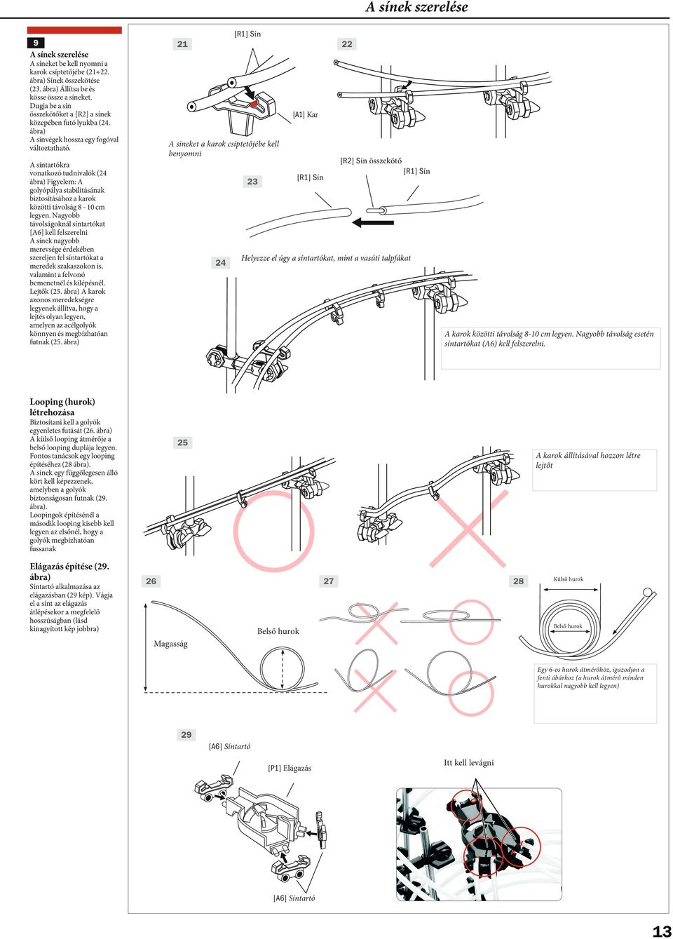 22 [A1] Kar A sineket a karok csíptetőjébe kell benyomni A síntartókra vonatkozó tudnivalók (24 ábra) Figyelem: A golyópálya stabilitásának biztosításához a karok közötti távolság 8-10 cm legyen.