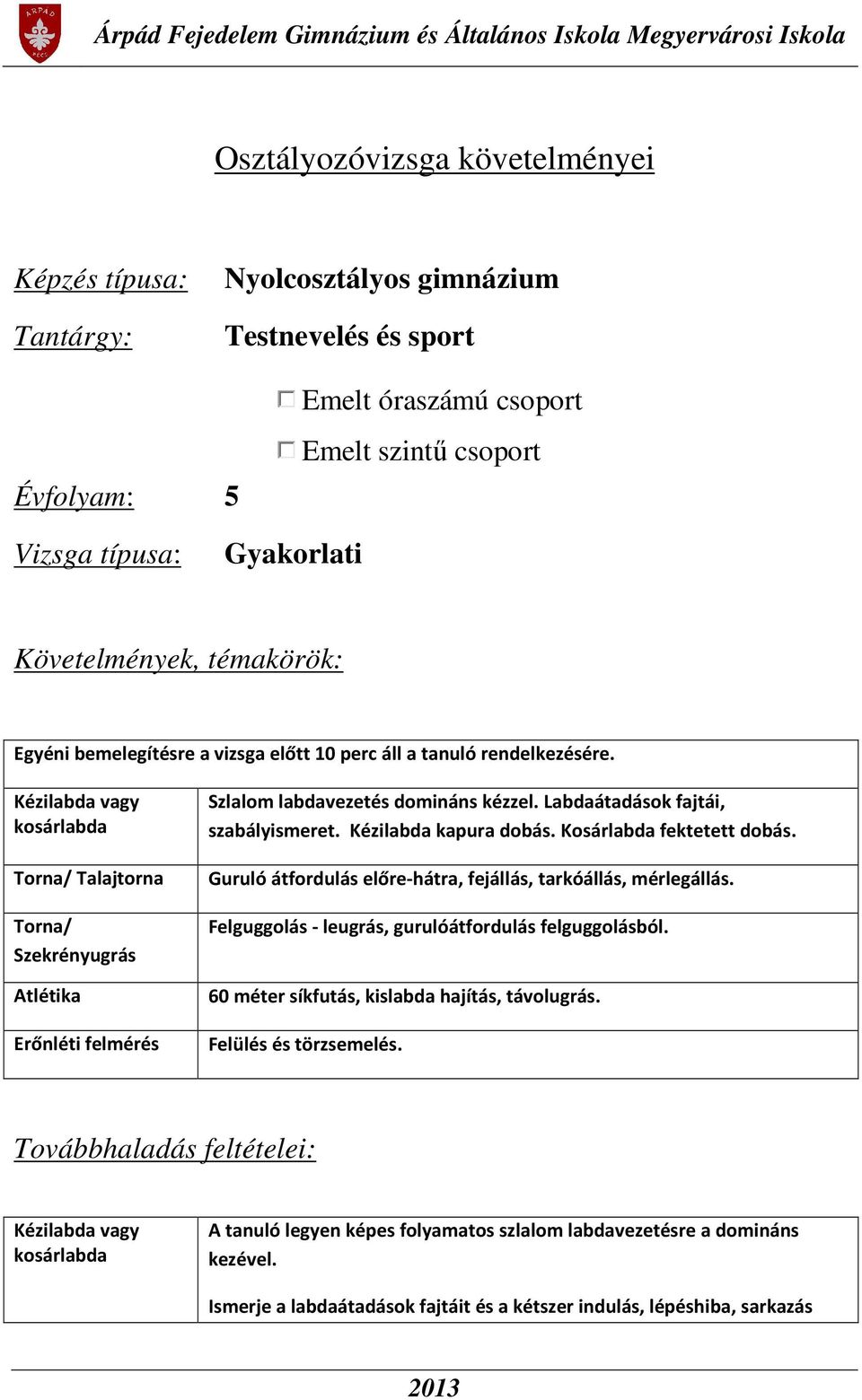 Kézilabda kapura dobás. Kosárlabda fektetett dobás. Guruló átfordulás előre-hátra, fejállás, tarkóállás, mérlegállás. Felguggolás - leugrás, gurulóátfordulás felguggolásból.