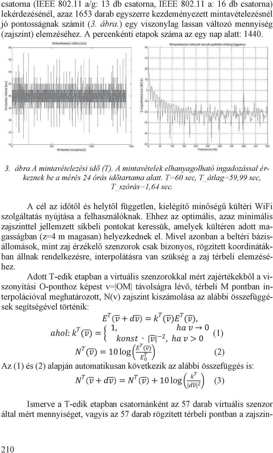 A mintavételek elhanyagolható ingadozással érkeznek be a mérés 24 órás időtartama alatt. T=60 sec, T_átlag=59,99 sec, T_szórás=1,64 sec.