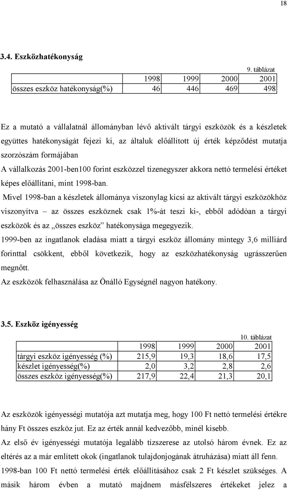 képzdést mutatja szorzószám formájában A vállalkozás 2001-ben100 forint eszközzel tizenegyszer akkora nettó termelési értéket képes elállítani, mint 1998-ban.