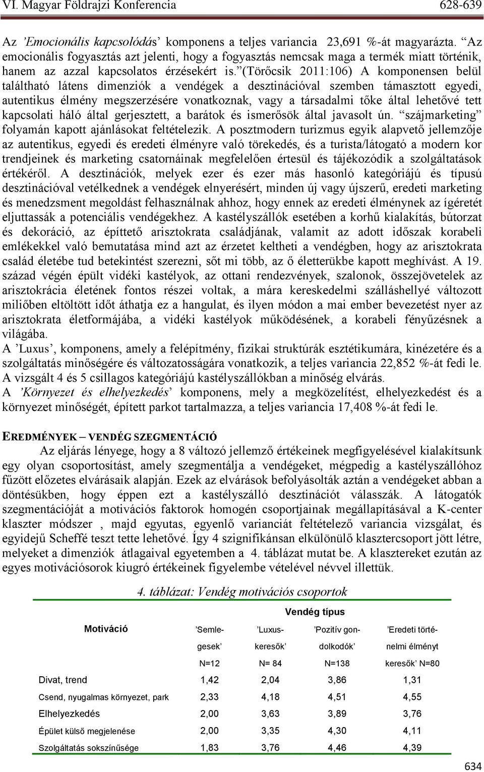 (Törőcsik 2011:106) A komponensen belül találtható látens dimenziók a vendégek a desztinációval szemben támasztott egyedi, autentikus élmény megszerzésére vonatkoznak, vagy a társadalmi tőke által