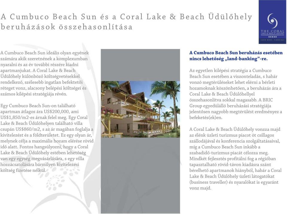 A Coral Lake & Beach Üdülőhely különböző költségvetésekkel rendelkező, szélesebb ingatlan befektetői réteget vonz, alacsony belépési költségei és számos kilépési stratégiája révén.